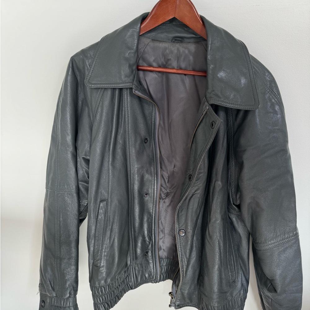 Grey Leather Bomber Jacket